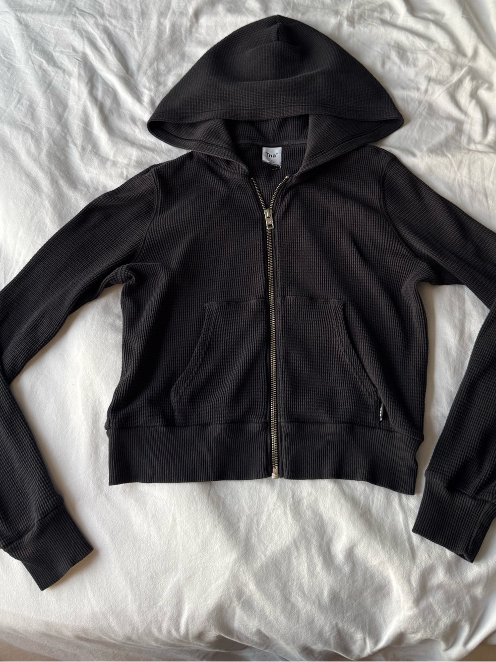 TNA Charcoal Ribbed Zip-Up Waffle Hoodie with Zipper